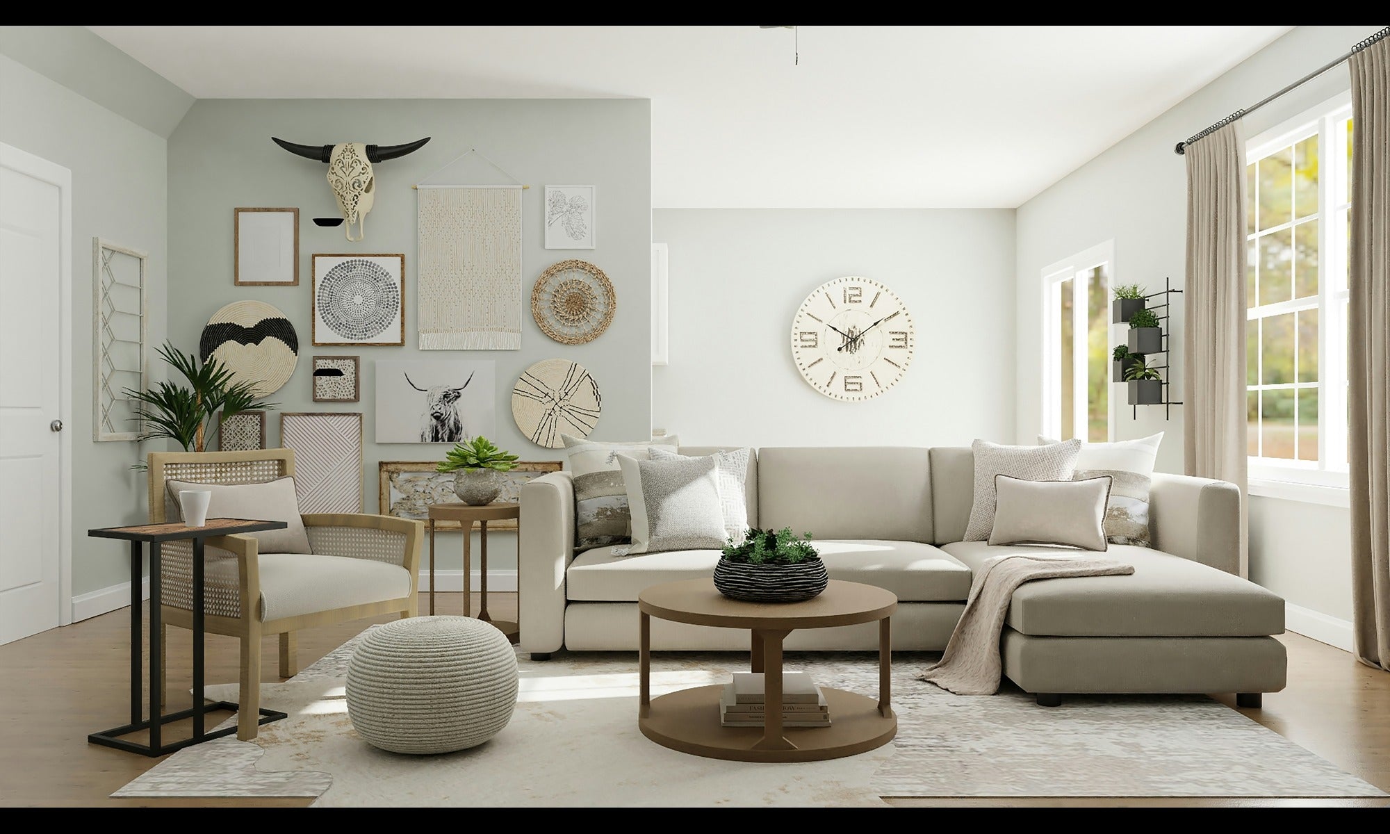 Modern living room with a sectional sofa, coffee table, and decorative items.